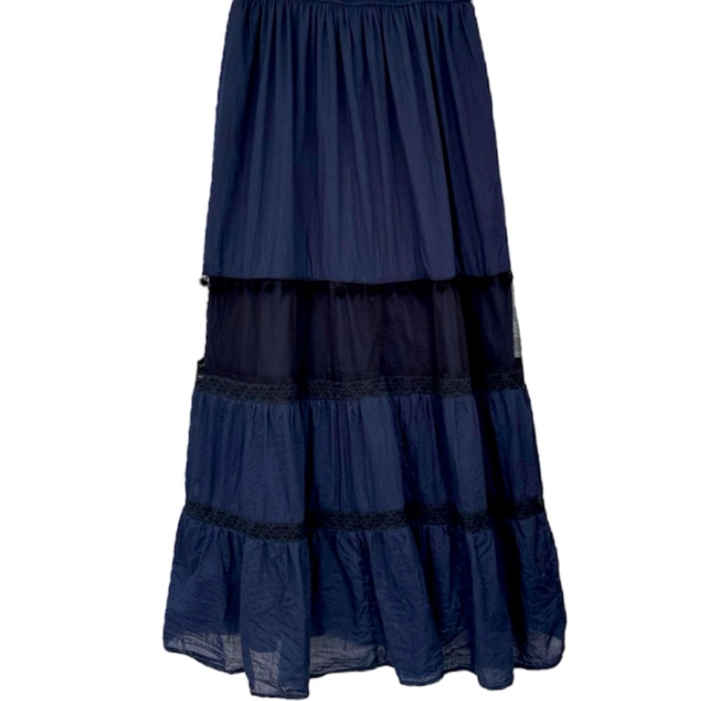 Elegant Maxi Dress Sleeveless Navy Blue Black Pom Lace Embroidered Size Large - Picture 6 of 17